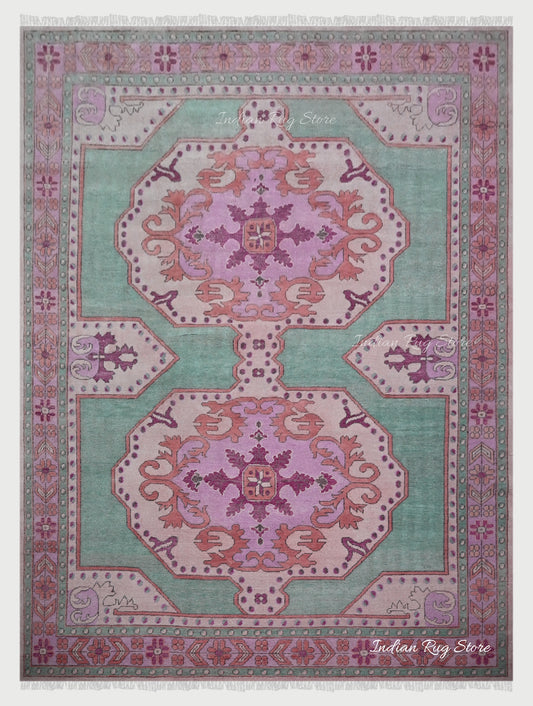 Green and Pink Hand Knotted Wool Living Room Area Rug