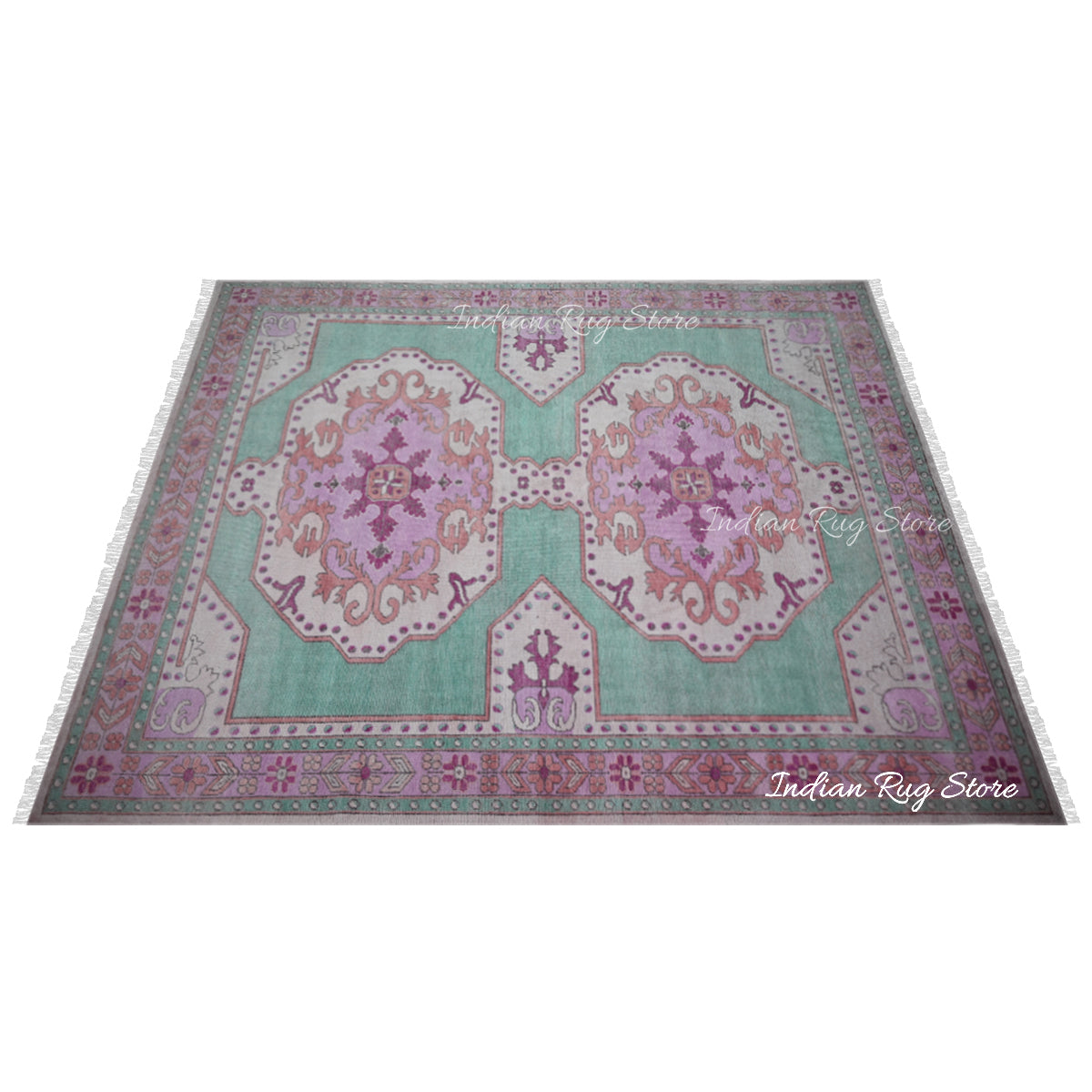 Green and Pink Hand Knotted Wool Living Room Area Rug