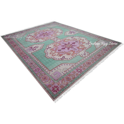 Green and Pink Hand Knotted Wool Living Room Area Rug