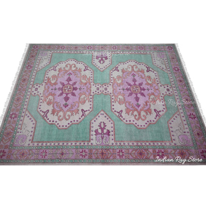 Green and Pink Hand Knotted Wool Living Room Area Rug