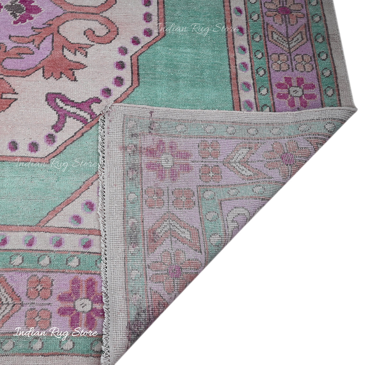 Green and Pink Hand Knotted Wool Living Room Area Rug