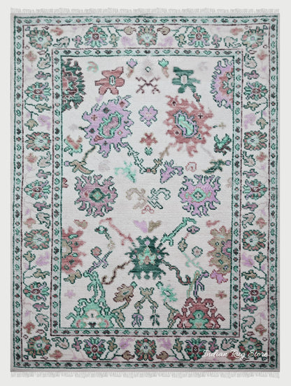 Living Room Hand Knotted wool Green And Multicolor Area Rug