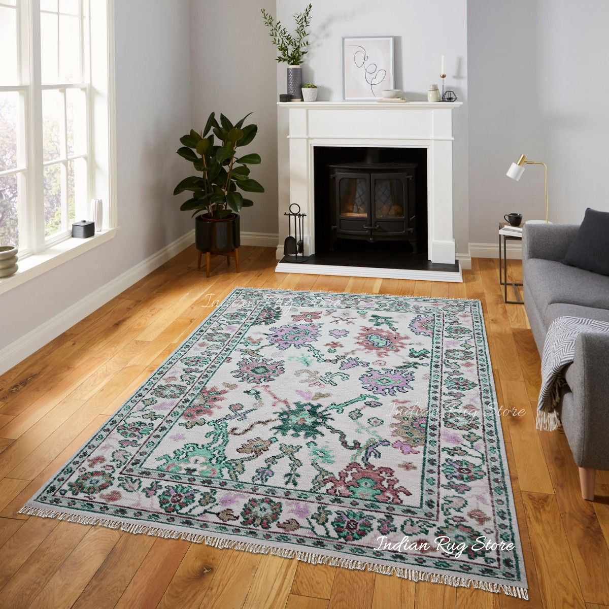 Living Room Hand Knotted wool Green And Multicolor Area Rug