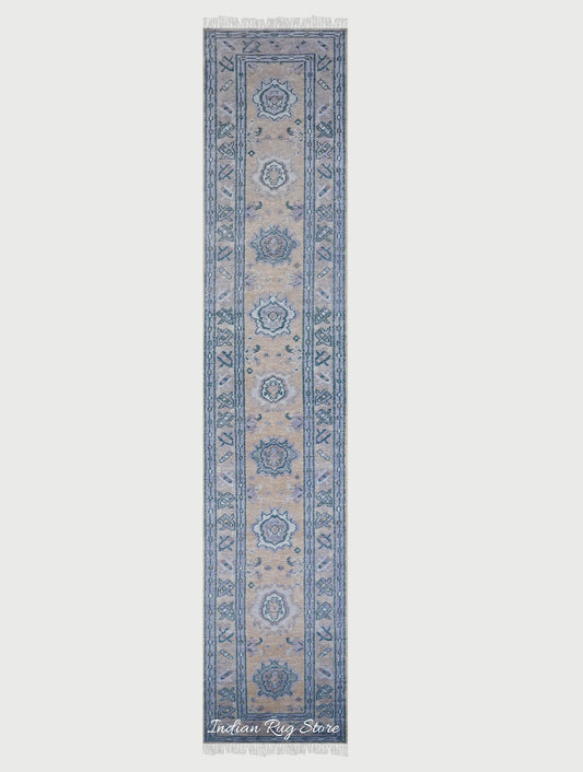 Oslo Blue Oushak Hand Knotted Wool Runner Rug