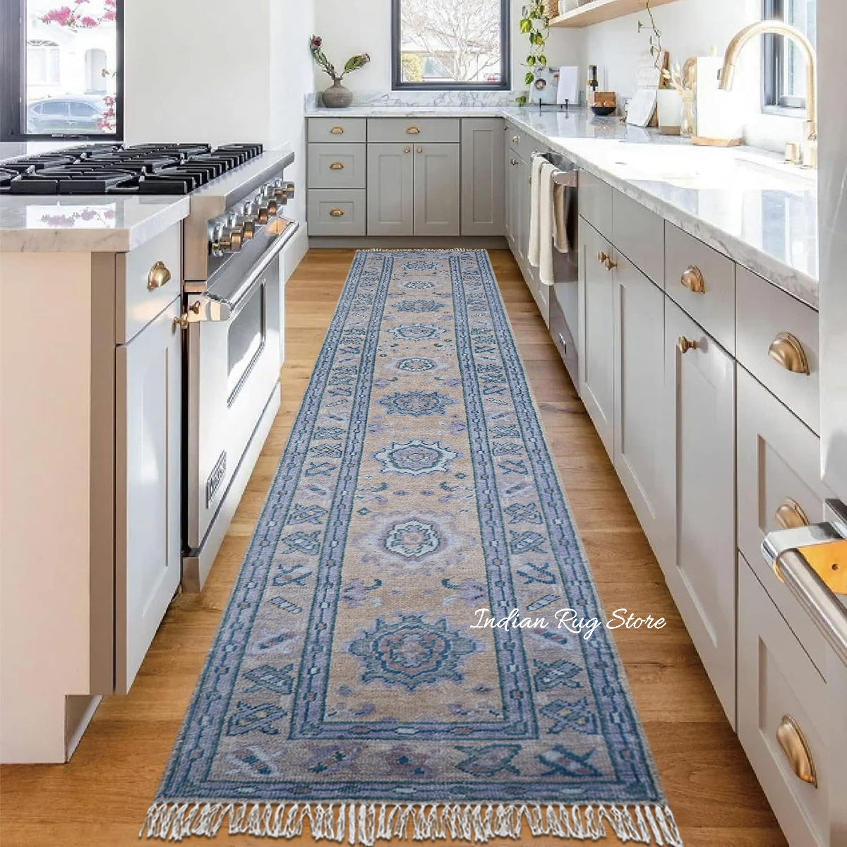 Oslo Blue Oushak Hand Knotted Wool Runner Rug