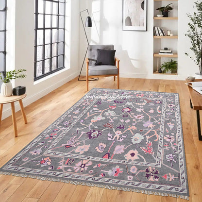 Gray Hand Knotted Oushak Bedroom Wool Rug