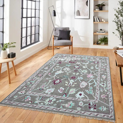 Multicolor Hand Knotted Modern Oushak Bedroom Wool Rug