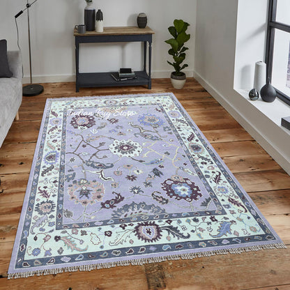 Blue Hand Knotted Modern Oushak Bed Room Wool Rug