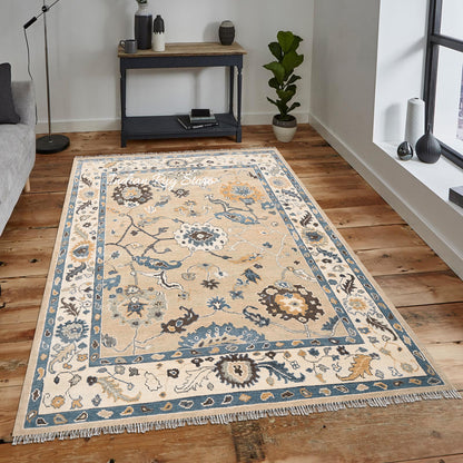 Hand Knotted Modern Oushak Bedroom Beige Wool Rug