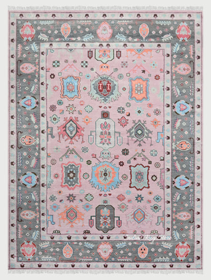 Pink and Gray Hand Knotted Oushak for Bedroom Rug