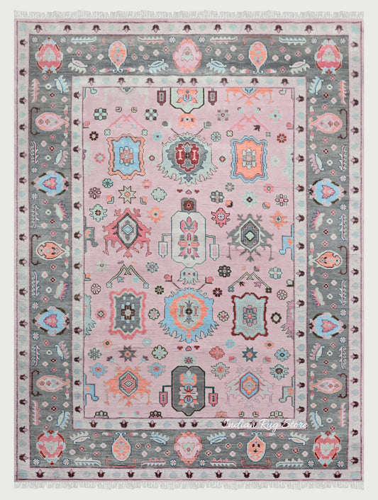 Pink and Gray Hand Knotted Oushak for Bedroom Rug