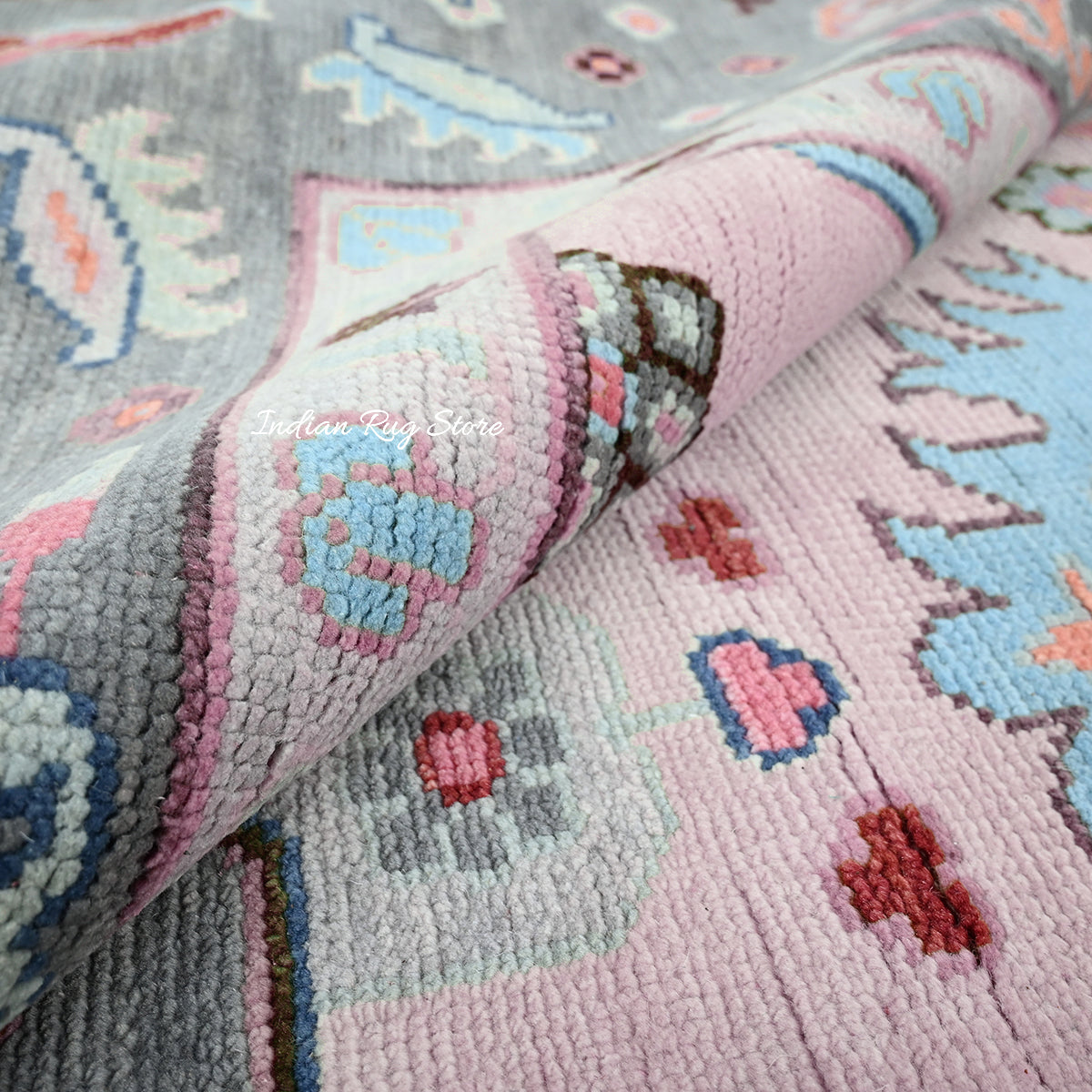 Pink and Gray Hand Knotted Oushak for Bedroom Rug