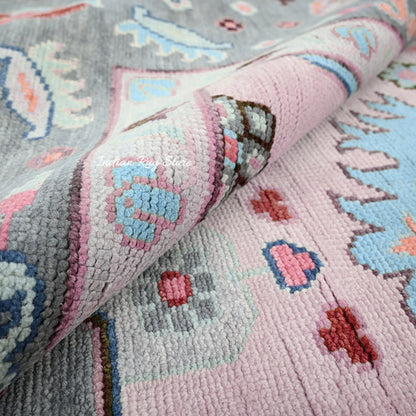 Pink and Gray Hand Knotted Oushak for Bedroom Rug