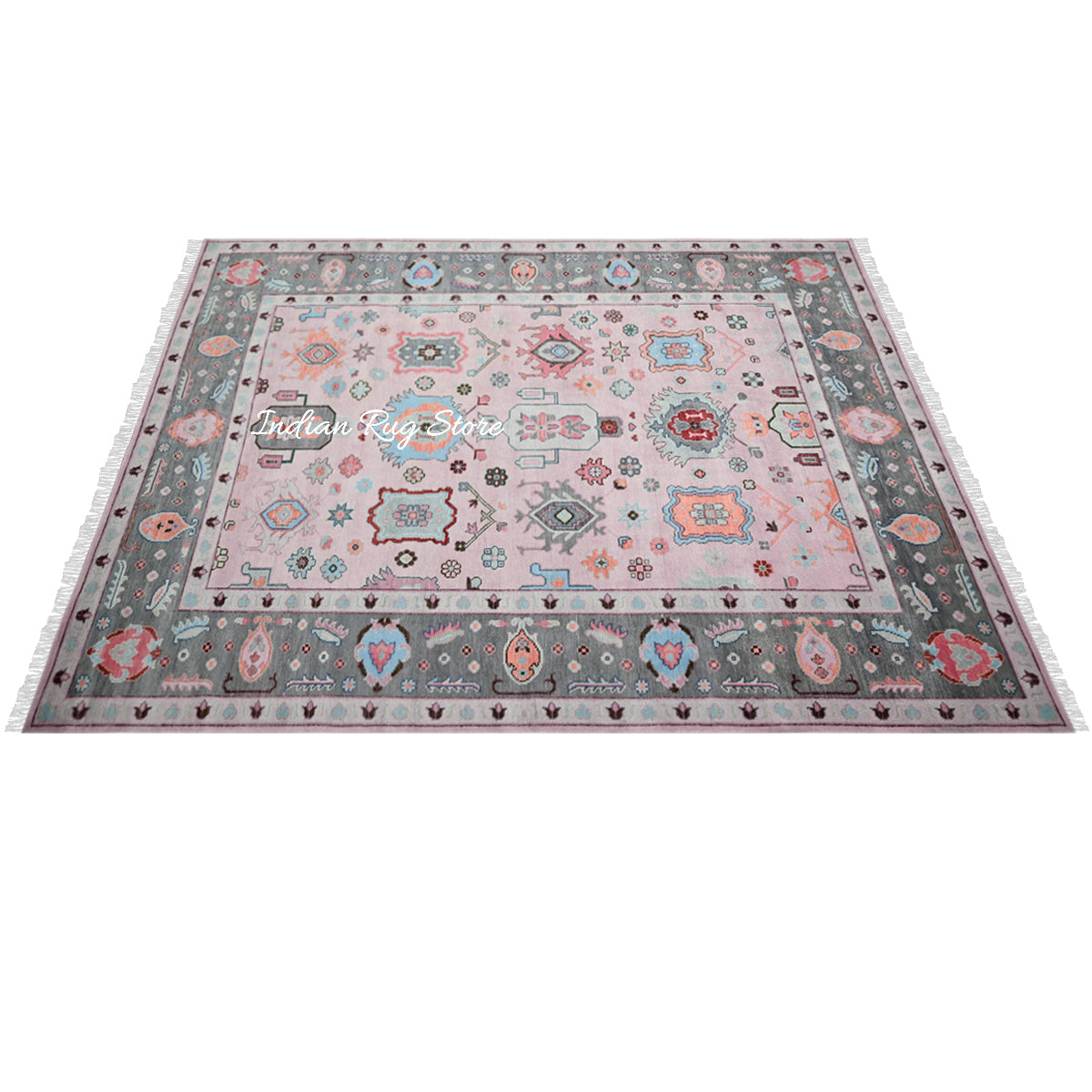 Pink and Gray Hand Knotted Oushak for Bedroom Rug