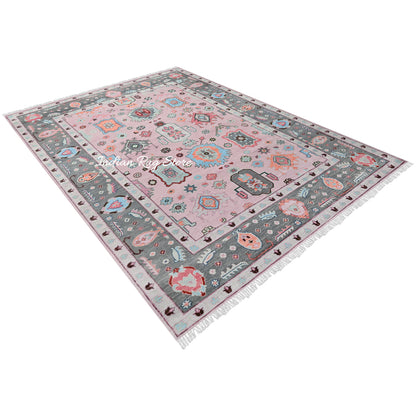 Pink and Gray Hand Knotted Oushak for Bedroom Rug