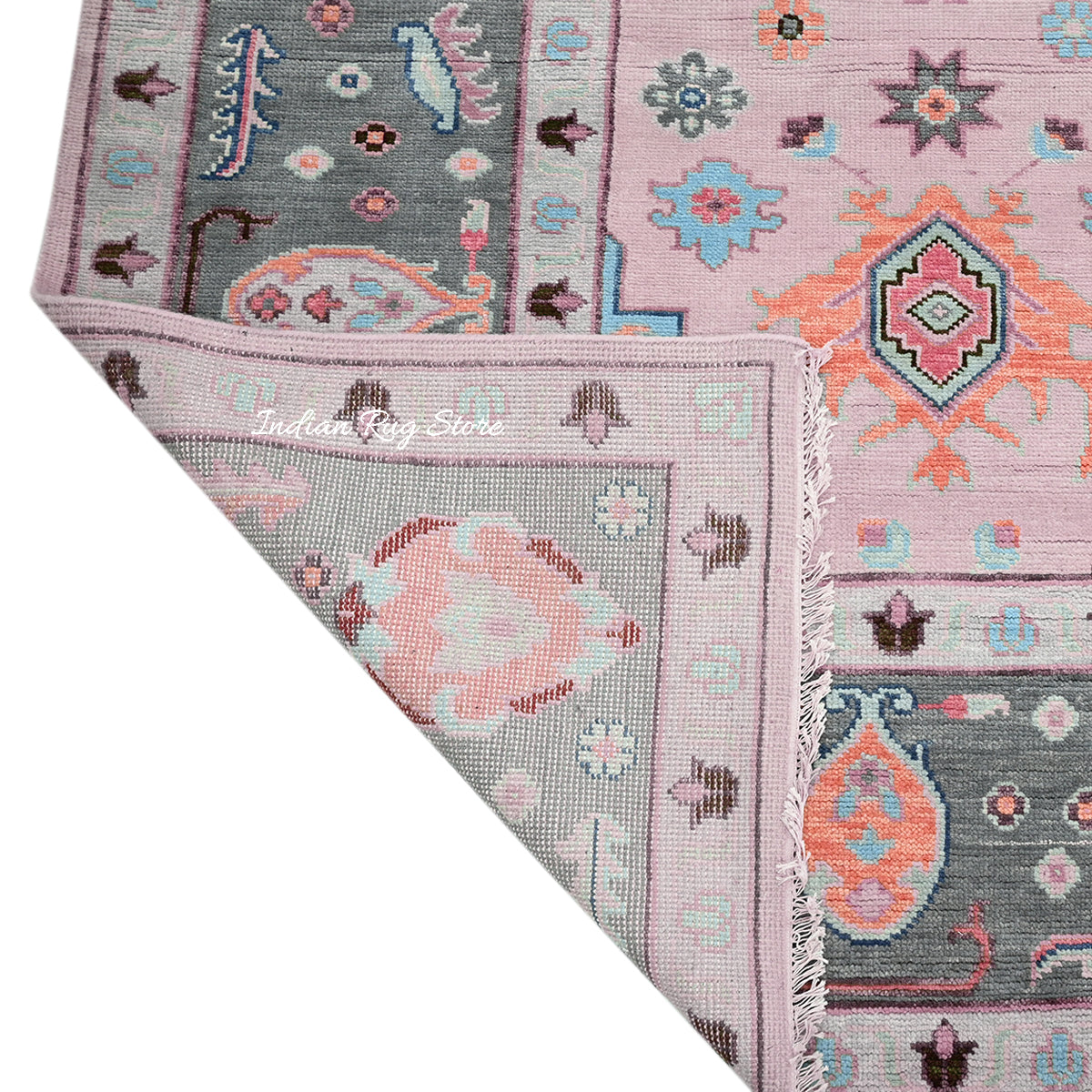 Pink and Gray Hand Knotted Oushak for Bedroom Rug