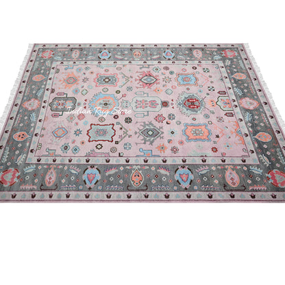 Pink and Gray Hand Knotted Oushak for Bedroom Rug