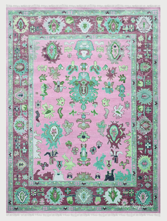 Natural Pink Bedroom Oushak Wool Traditional Rug