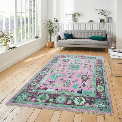 Natural Pink Bedroom Oushak Wool Traditional Rug