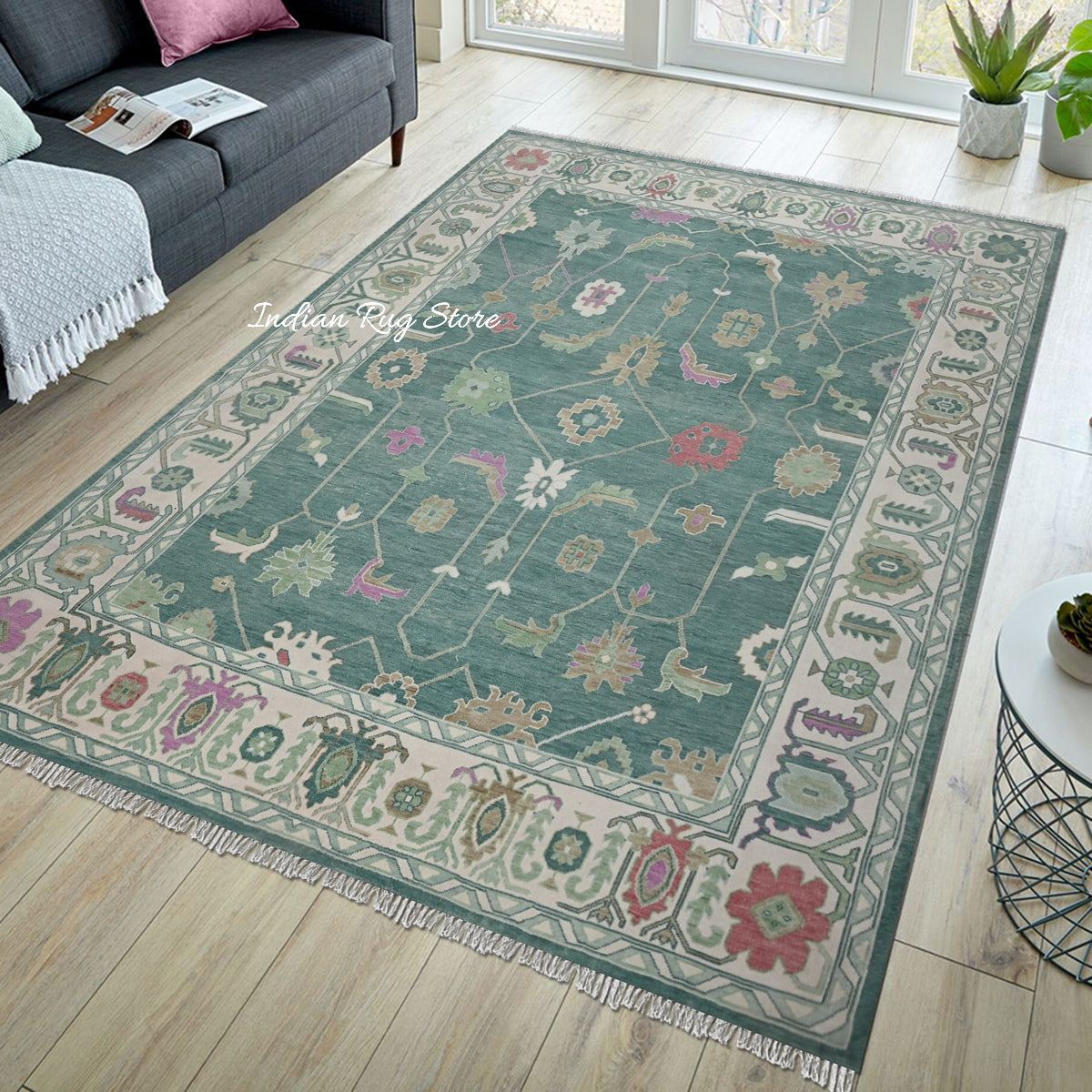 Hand Knotted Green Modern Oushak For Home Decor Wool Rug