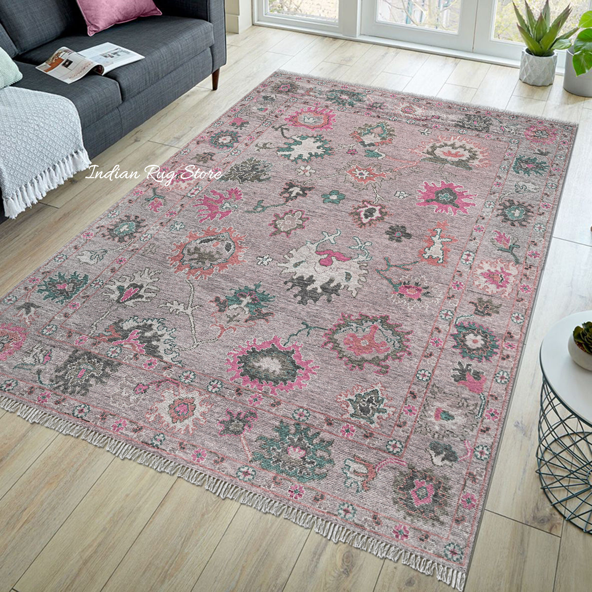 Multicolor Hand Knotted Modern Oushak Dining Room Wool Rug