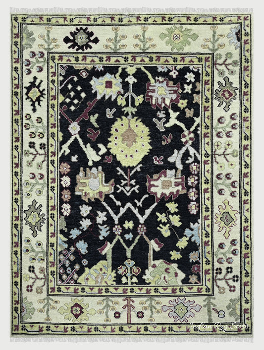 Indian Hand Knotted Black and Green Oushak Large Area Wool Rug