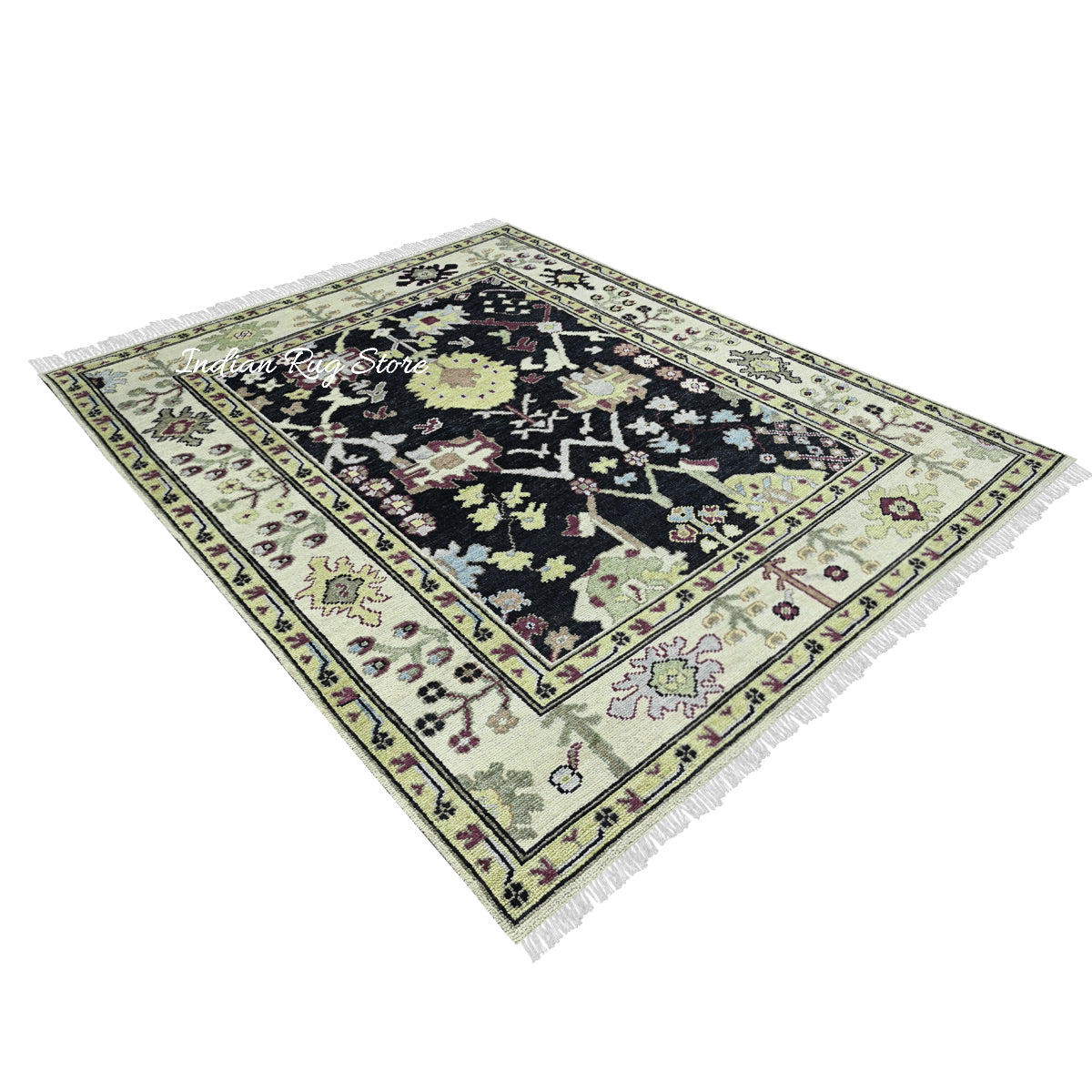 Indian Hand Knotted Black and Green Oushak Large Area Wool Rug