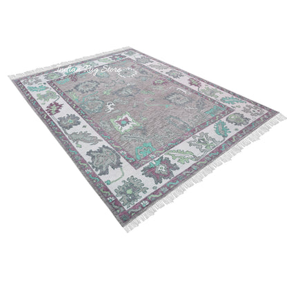 Hand Knotted Foggy Gray Beautiful Oushak Wool Rug