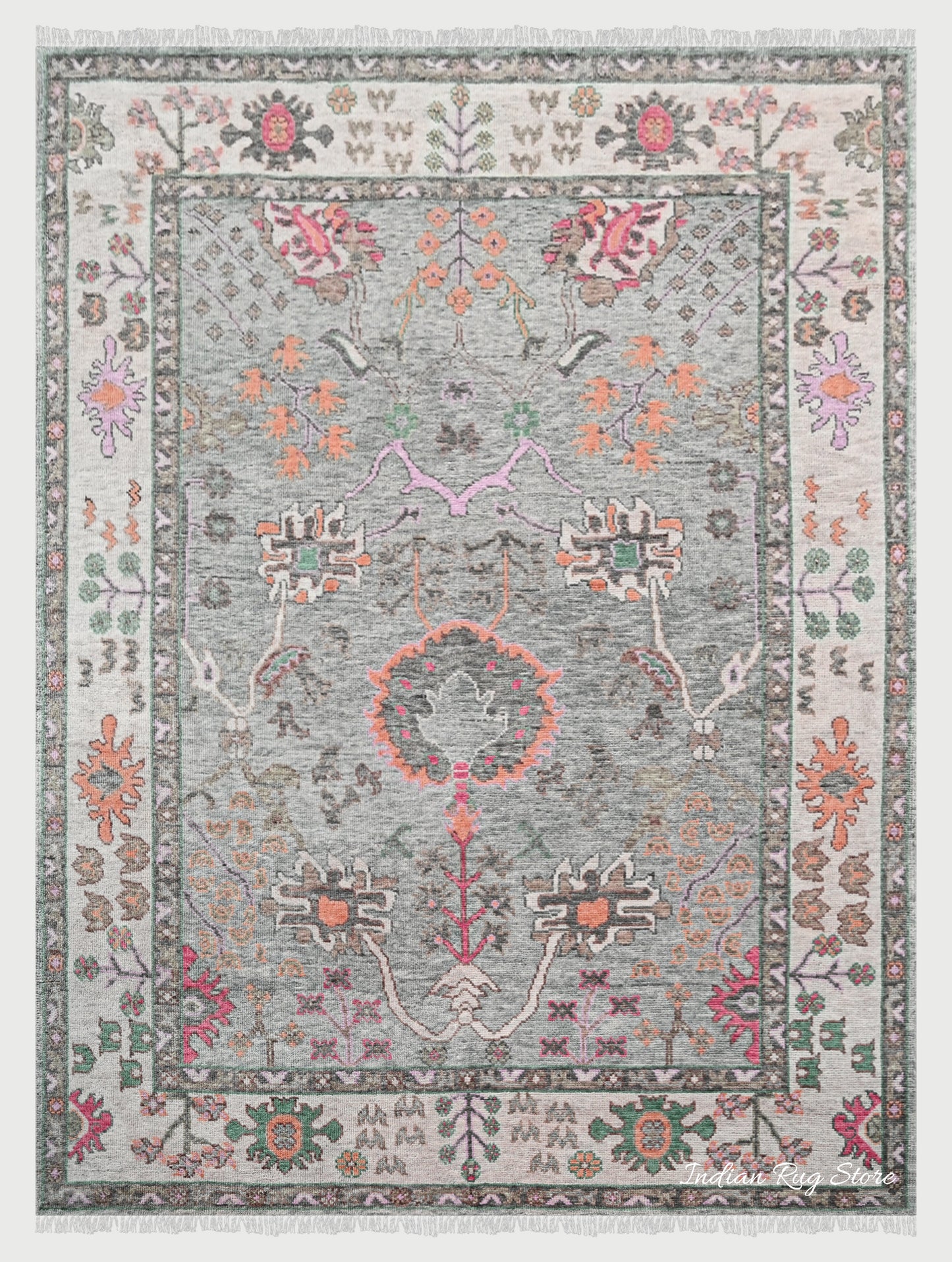 Modern Oushak Gray Multicolor Hand Knotted Wool Rug