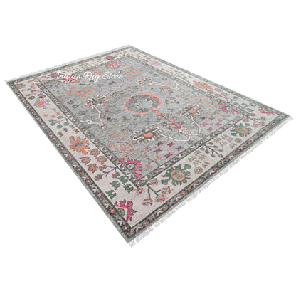 Modern Oushak Gray Multicolor Hand Knotted Wool Rug