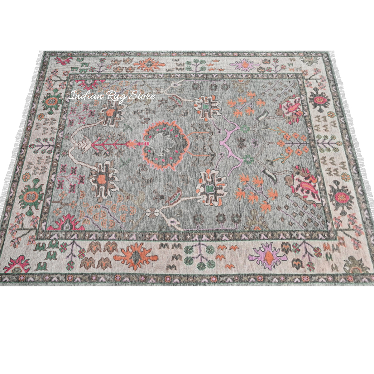 Modern Oushak Gray Multicolor Hand Knotted Wool Rug