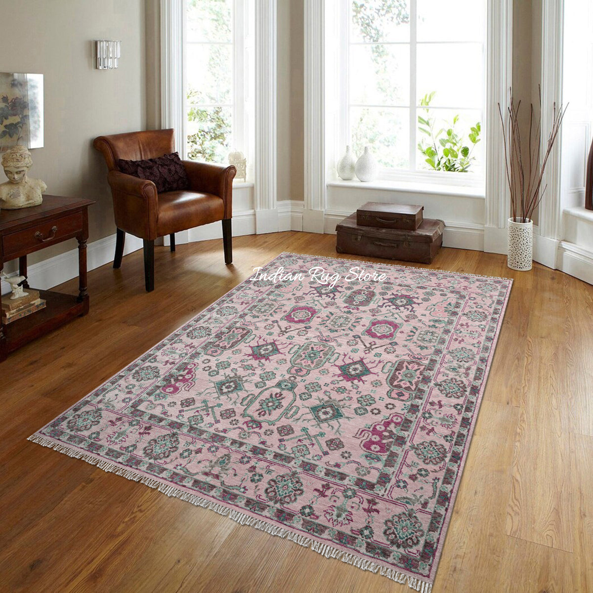 Hand Knotted Foggy Pink Beautiful Oushak Wool Rug