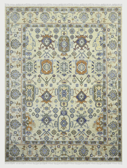 Natural Oushak Light Green Hand Knotted Wool Rug