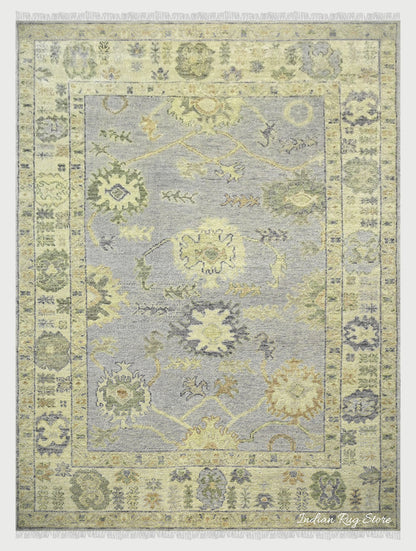 Hand Knotted Natural Light Blue Oushak Wool Rug