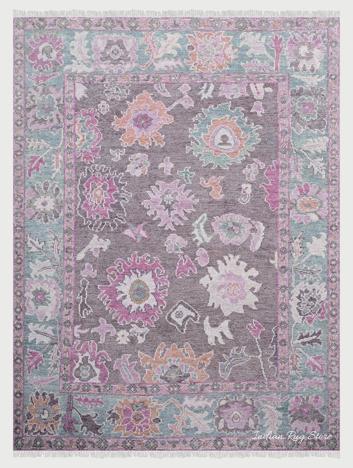 Multicolor Hand Knotted Modern Oushak Dining Room Wool Rug