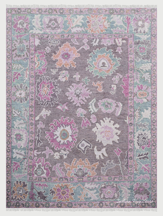 Multicolor Hand Knotted Modern Oushak Dining Room Wool Rug