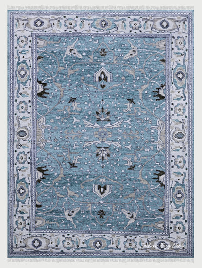 Blue Hand Knotted Modern Oushak Area Wool Rug