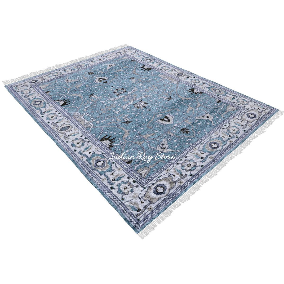 Blue Hand Knotted Modern Oushak Area Wool Rug