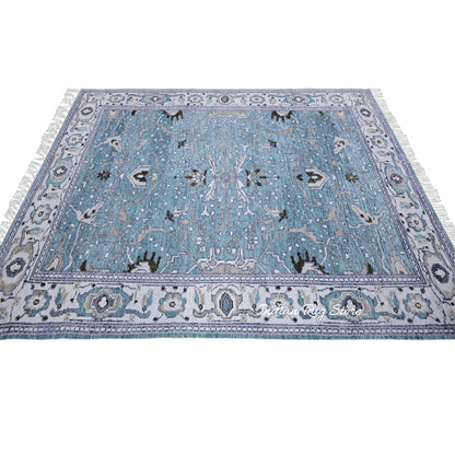 Blue Hand Knotted Modern Oushak Area Wool Rug