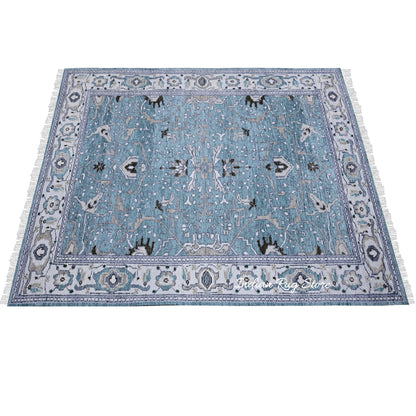 Blue Hand Knotted Modern Oushak Area Wool Rug