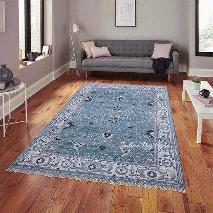 Blue Hand Knotted Modern Oushak Area Wool Rug