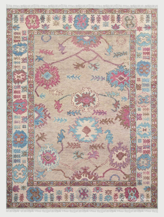 Modern Floral Oushak Hand Knotted Gray Wool Rug