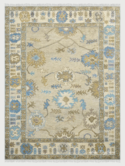 Hand Knotted Gray Floral Oushak Wool Living Room Area Rug