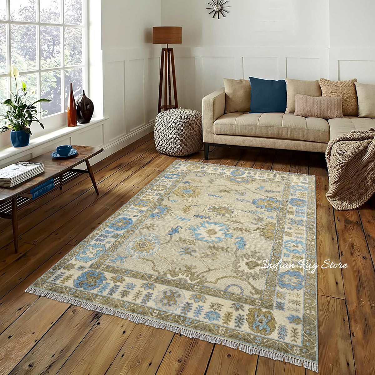 Hand Knotted Gray Floral Oushak Wool Living Room Area Rug