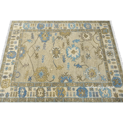 Hand Knotted Gray Floral Oushak Wool Living Room Area Rug