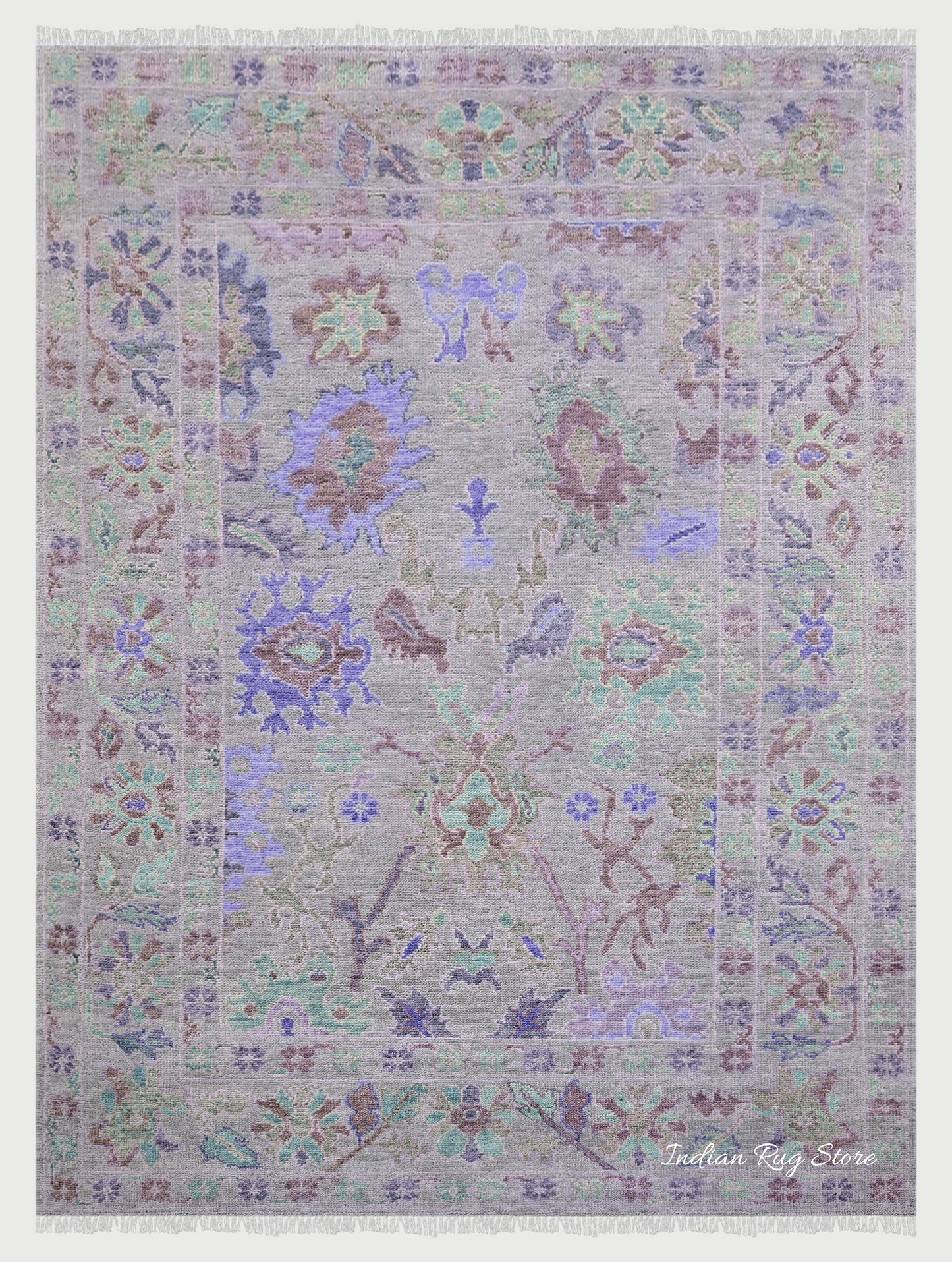 Blue Hand Knotted Modern Floral Oushak Wool Rug