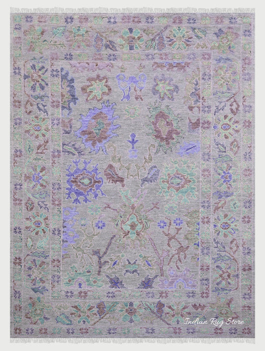 Tappeto di lana per meditazione yoga Oushak floreale moderno annodato a mano blu IRSZ-122