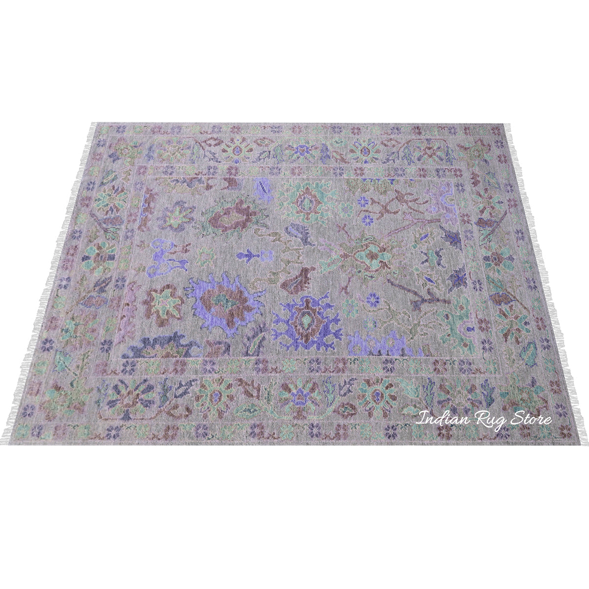 Blue Hand Knotted Modern Floral Oushak Wool Rug