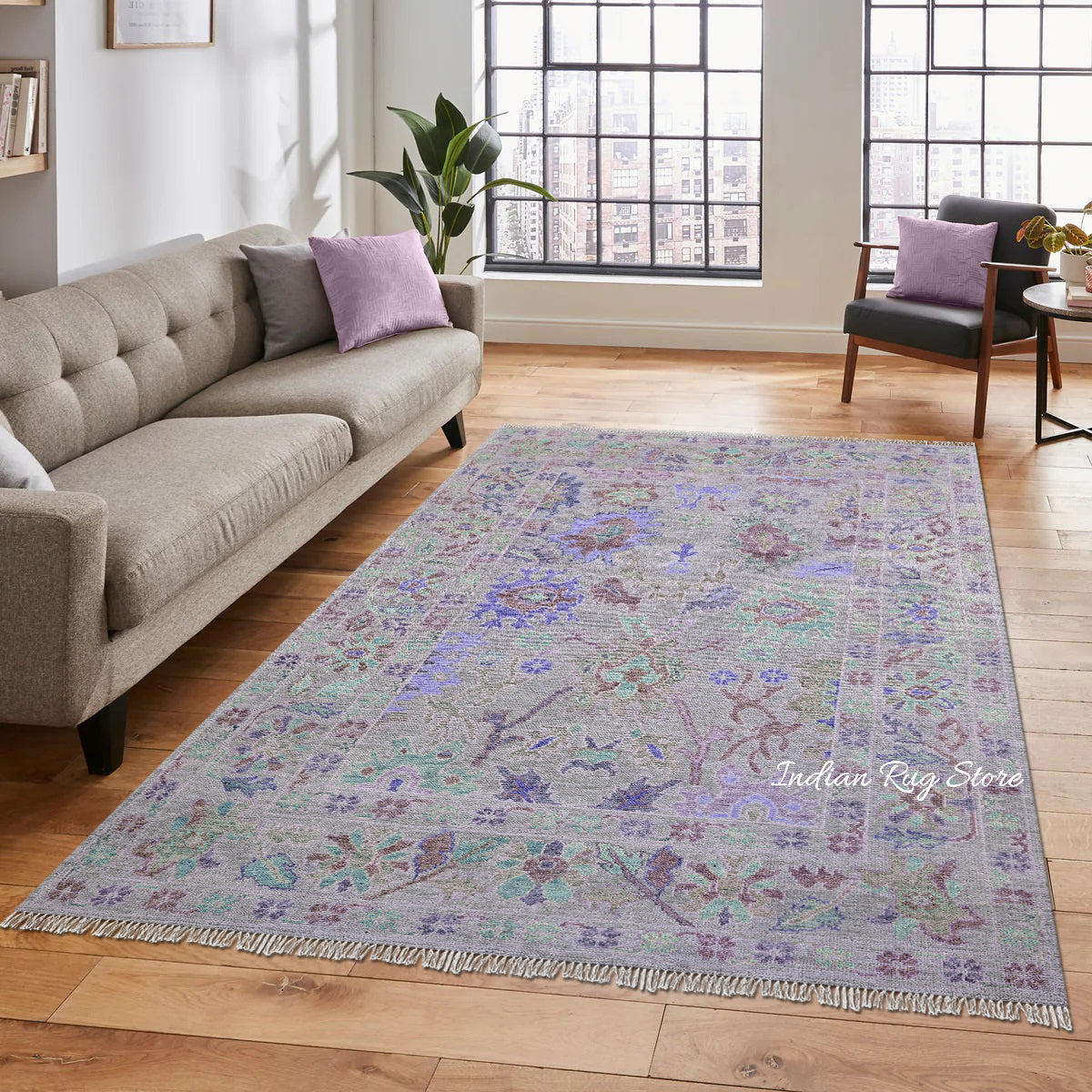 Blue Hand Knotted Modern Floral Oushak Wool Rug