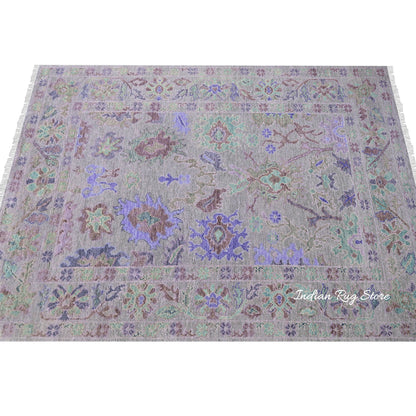 Blue Hand Knotted Modern Floral Oushak Wool Rug